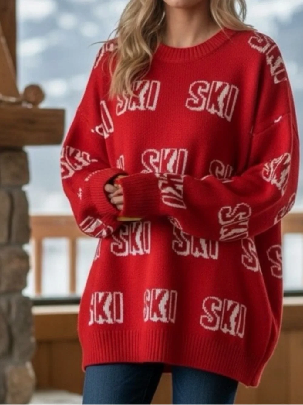 Cece Red SKI Crewneck Sweater - Women's Cozy Winter Pullover Size L - Picture 1 of 9